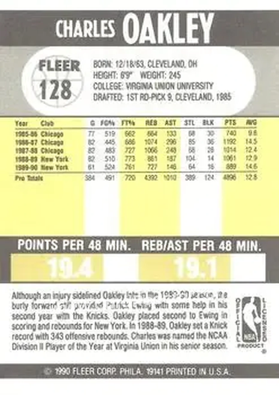 1990-91 Fleer #128 - Charles Oakley - New York Knicks - Back 1990-91 Fleer #128 - Charles Oakley - New York Knicks - Back