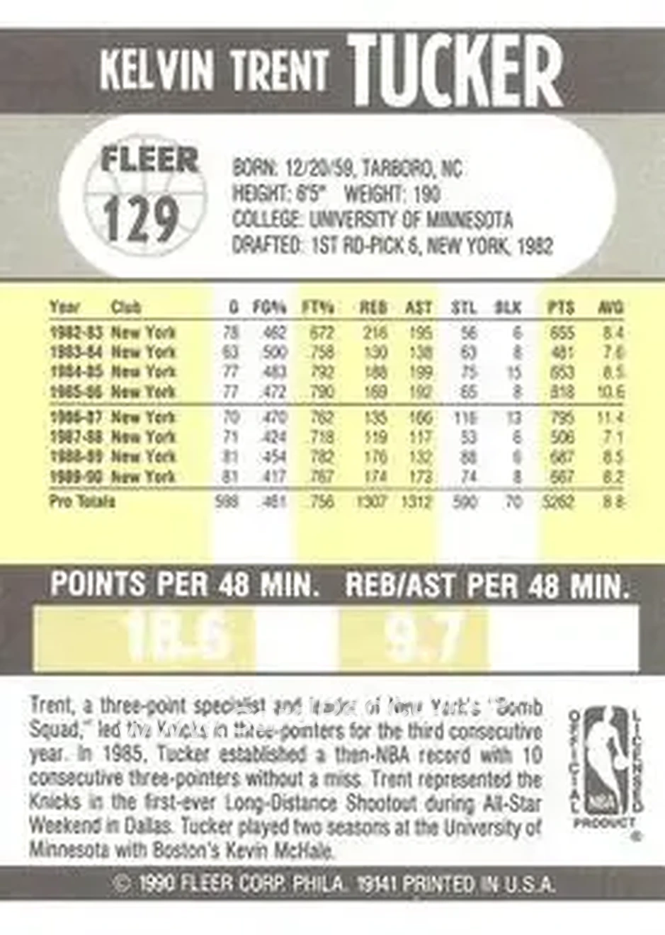 1990-91 Fleer #129 - Trent Tucker - New York Knicks - Back