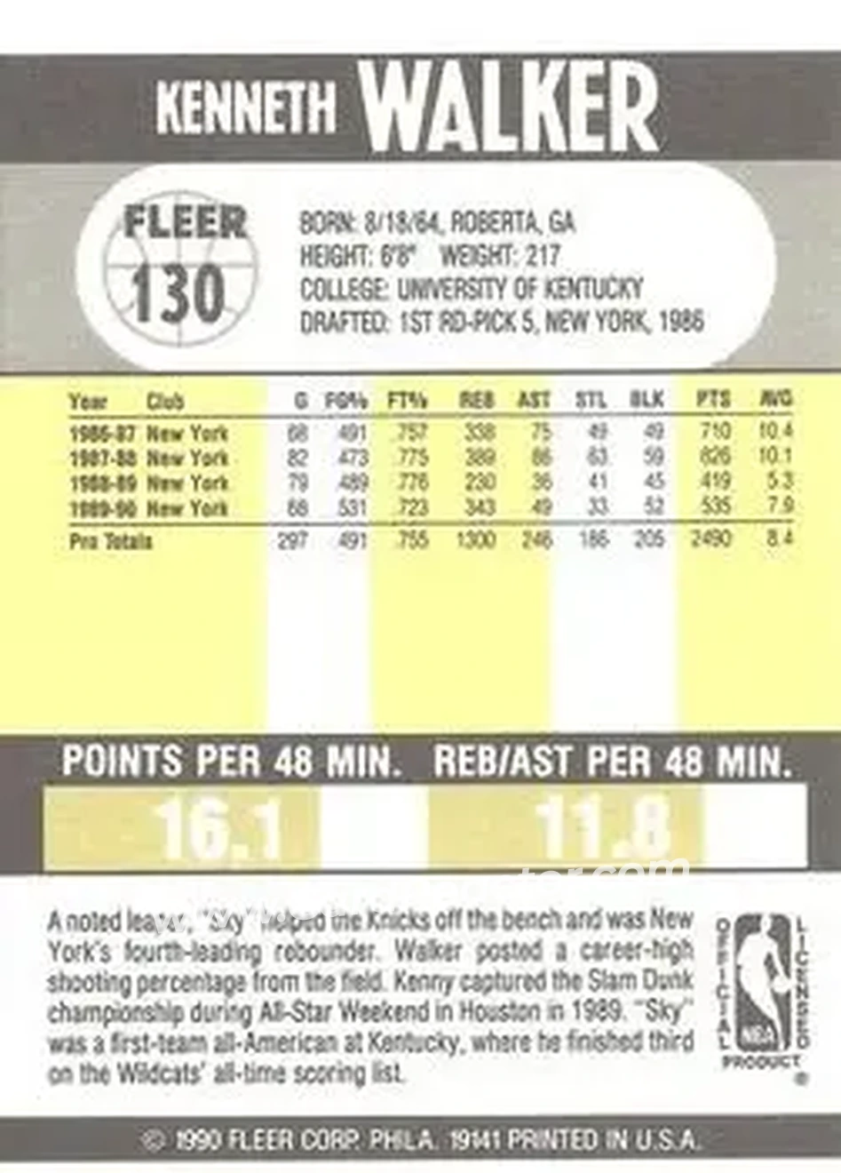 1990-91 Fleer #130 - Kenny Walker - New York Knicks - Back