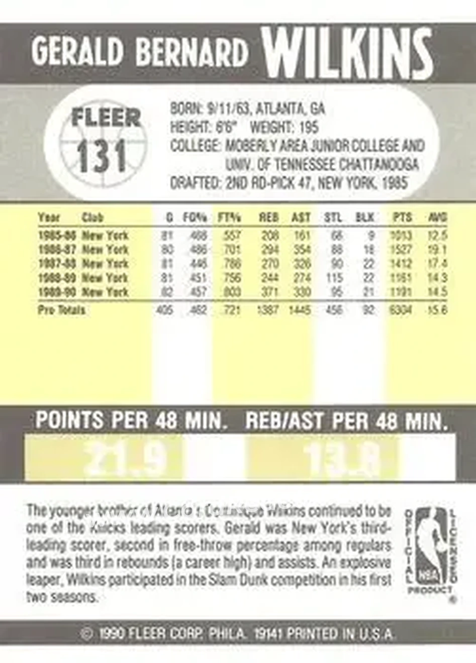 1990-91 Fleer #131 - Gerald Wilkins - New York Knicks - Back