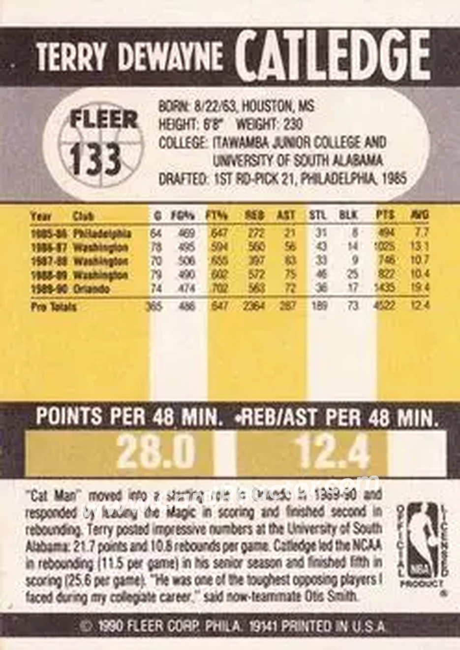 1990-91 Fleer #133 - Terry Catledge - Orlando Magic - Back