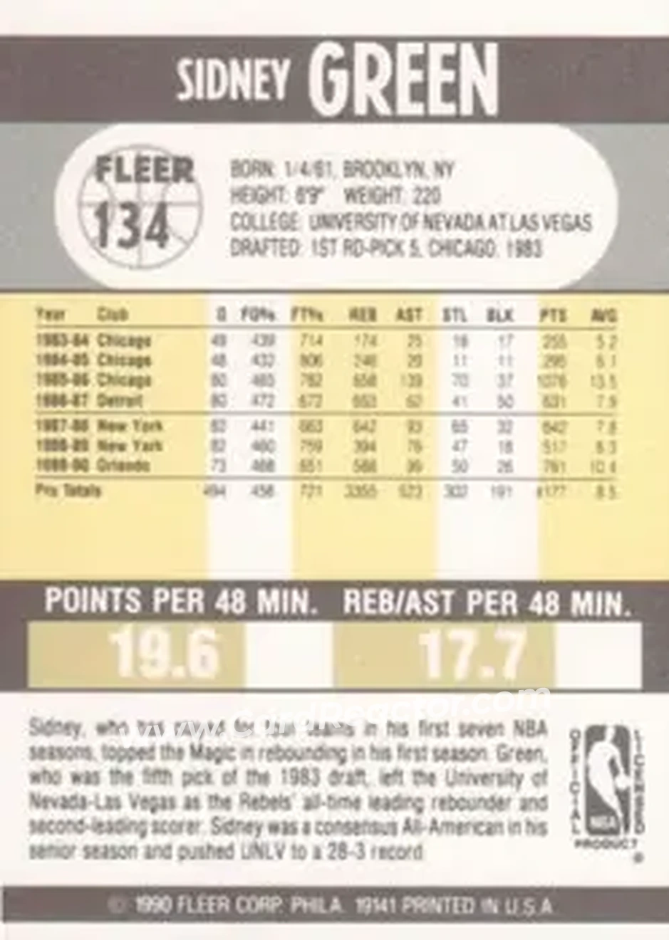 1990-91 Fleer #134 - Sidney Green - Orlando Magic - Back 1990-91 Fleer #134 - Sidney Green - Orlando Magic - Back