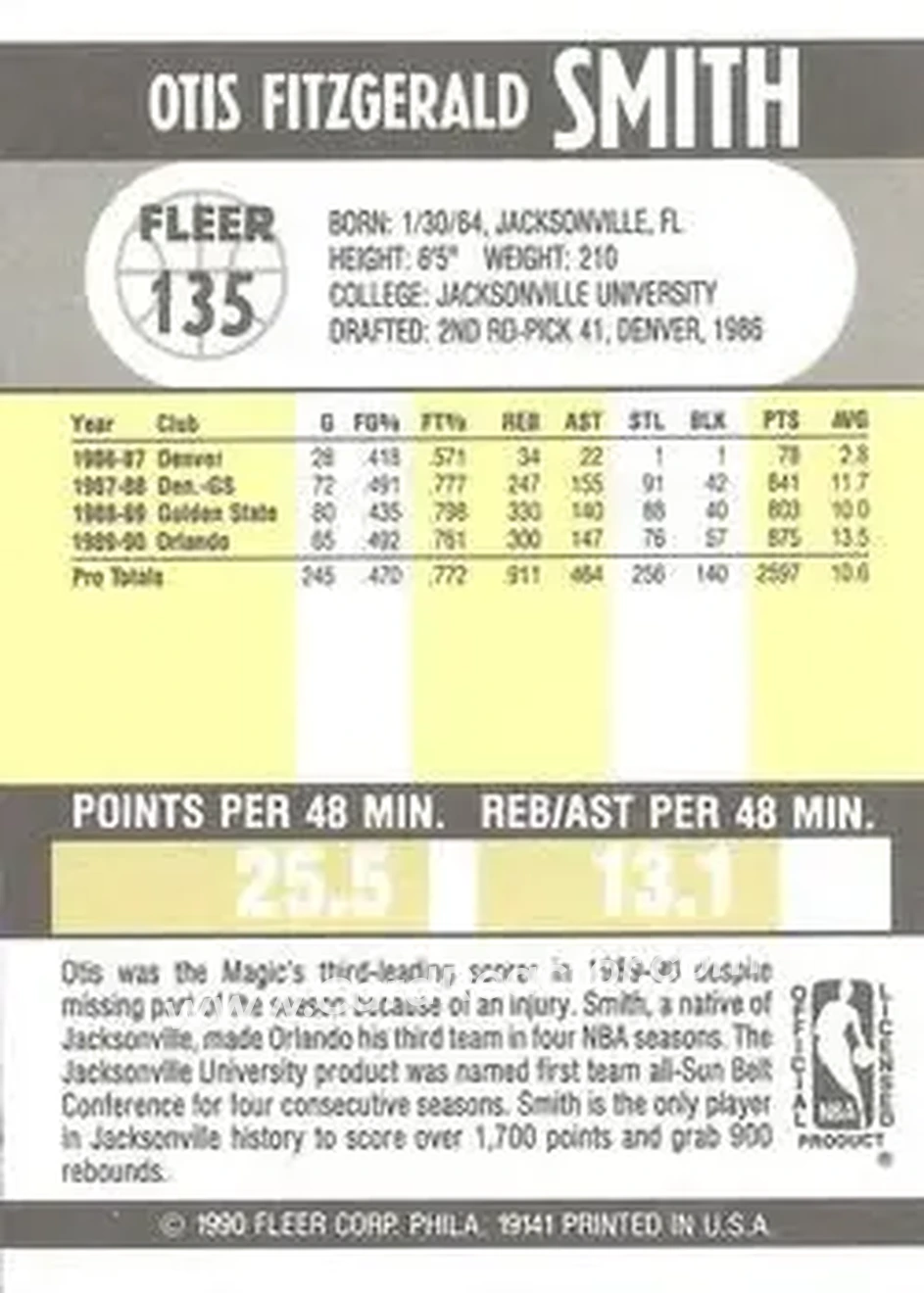 1990-91 Fleer #135 - Otis Smith - Orlando Magic - Back
