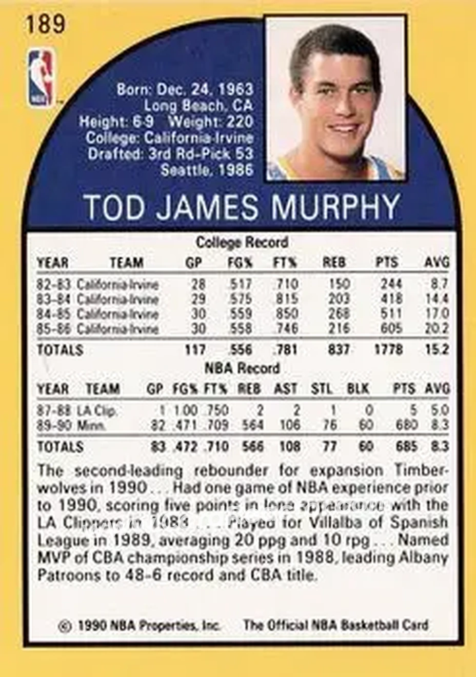 1990-91 Hoops #189 - Tod Murphy - Minnesota Timberwolves - Back
