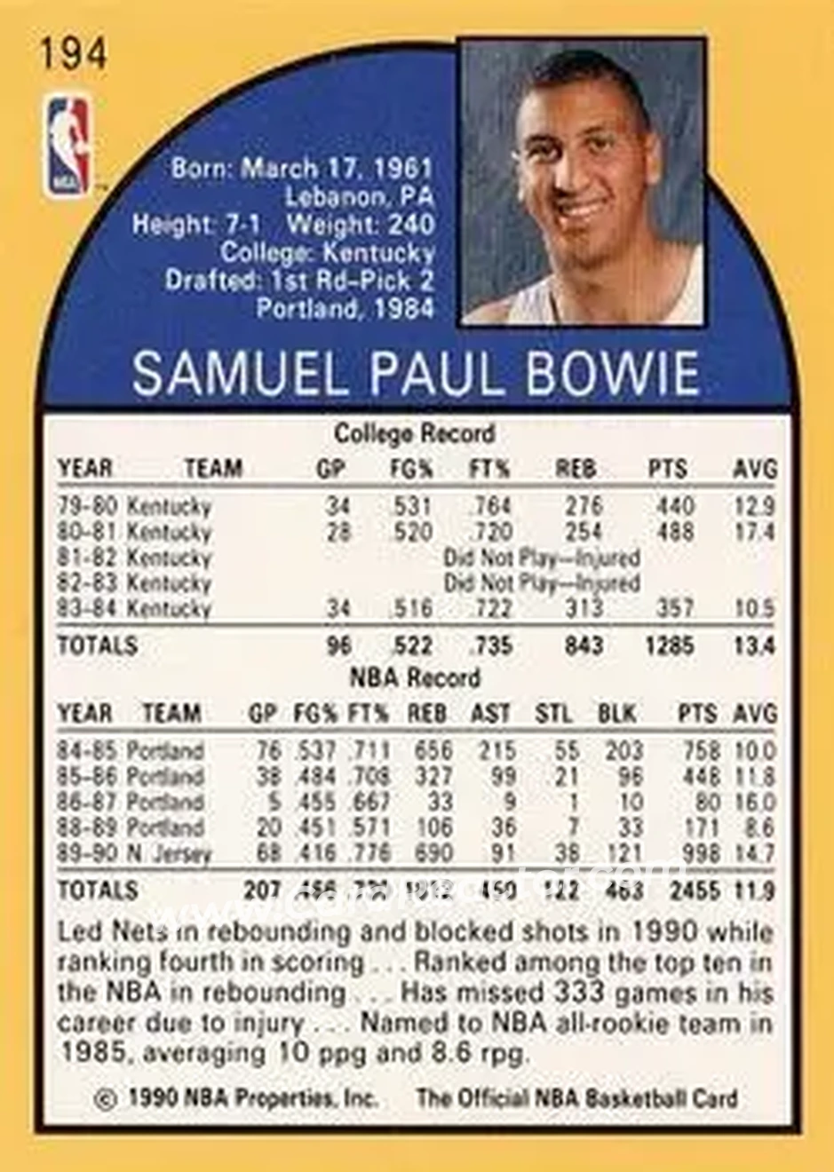 1990-91 Hoops #194 - Sam Bowie - New Jersey Nets - Back