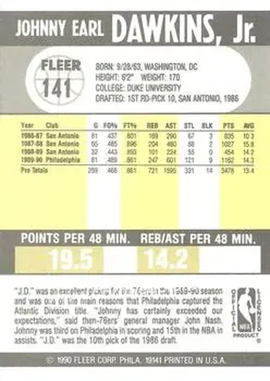 1990-91 Fleer #141 - Johnny Dawkins - Philadelphia 76ers - Back