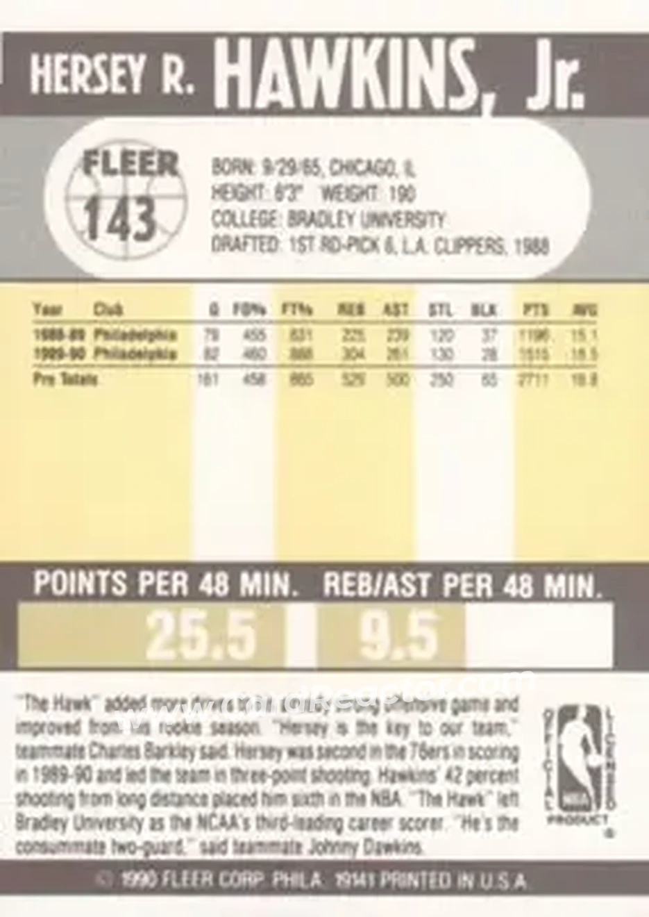 1990-91 Fleer #143 - Hersey Hawkins - Philadelphia 76ers - Back