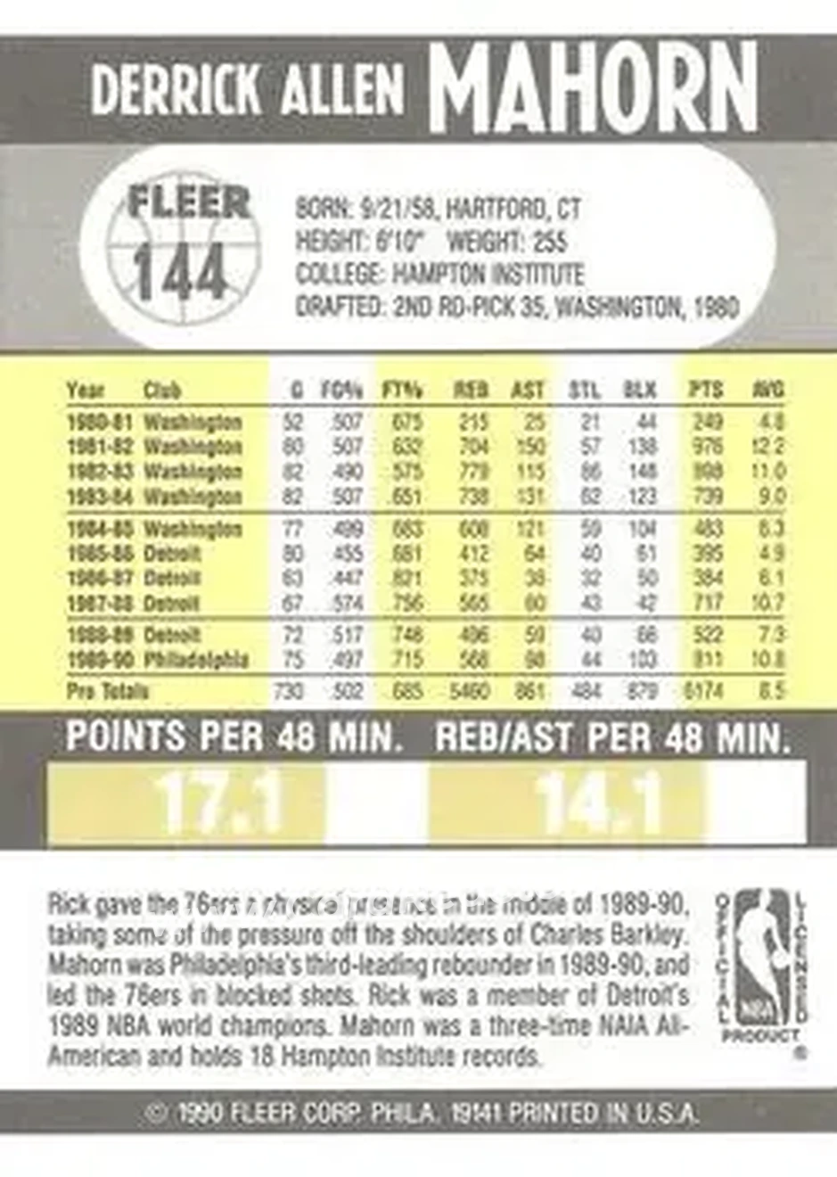 1990-91 Fleer #144 - Rick Mahorn - Philadelphia 76ers - Back