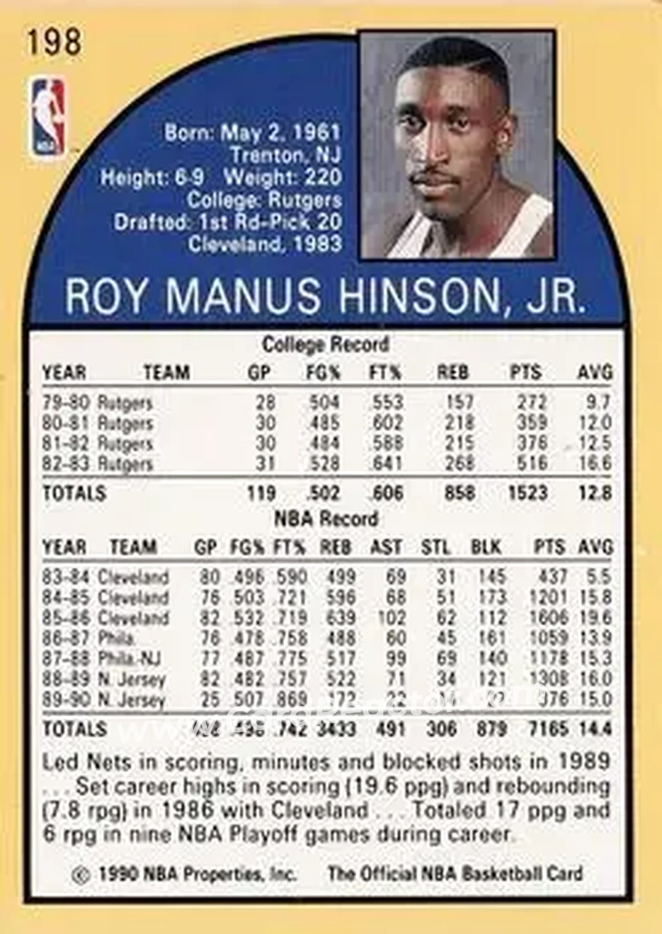 1990-91 Hoops #198 - Roy Hinson - New Jersey Nets - Back