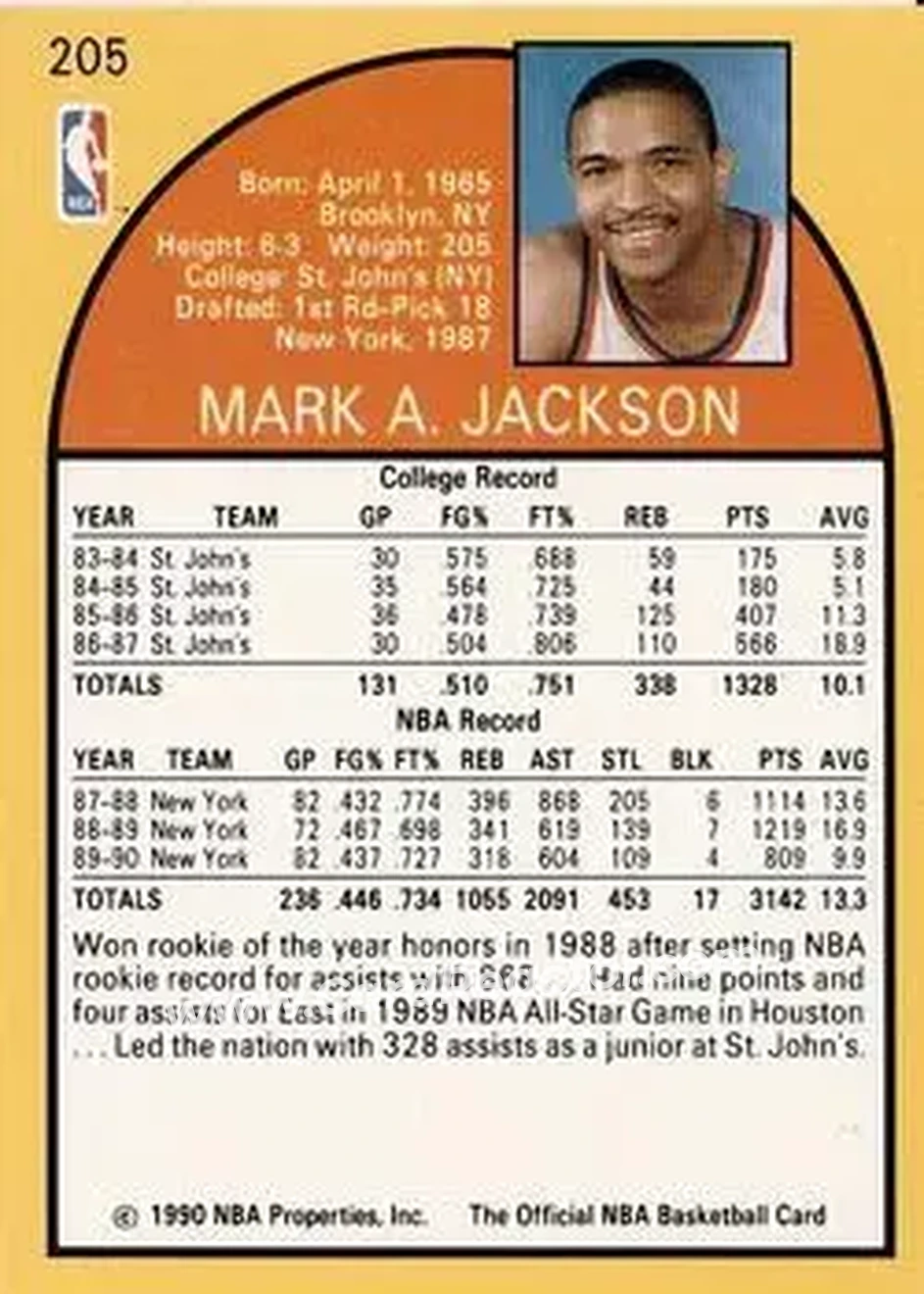 1990-91 Hoops #205 - Mark Jackson - New York Knicks - Back 1990-91 Hoops #205 - Mark Jackson - New York Knicks - Back