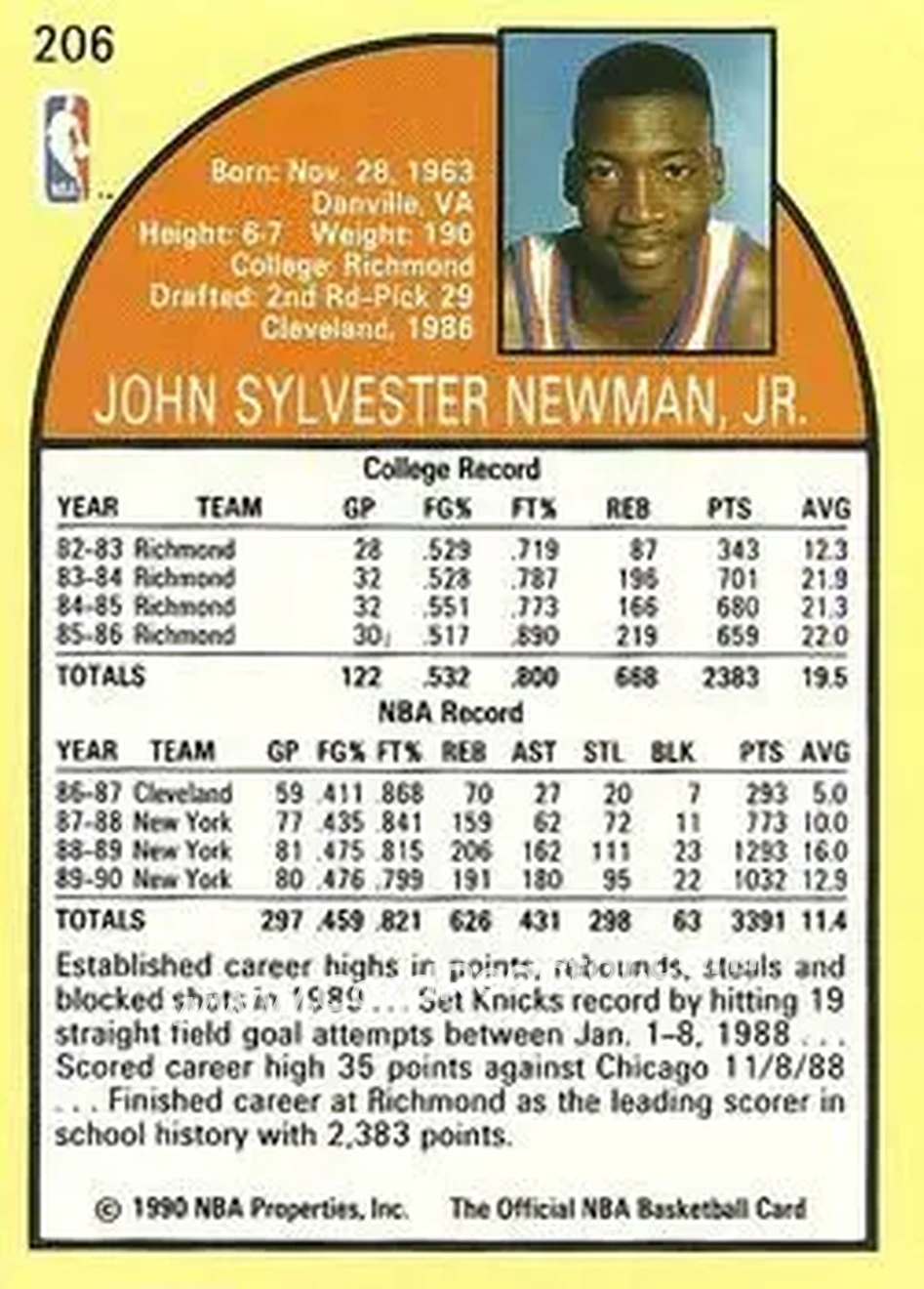 1990-91 Hoops #206 - Johnny Newman - New York Knicks - Back 1990-91 Hoops #206 - Johnny Newman - New York Knicks - Back