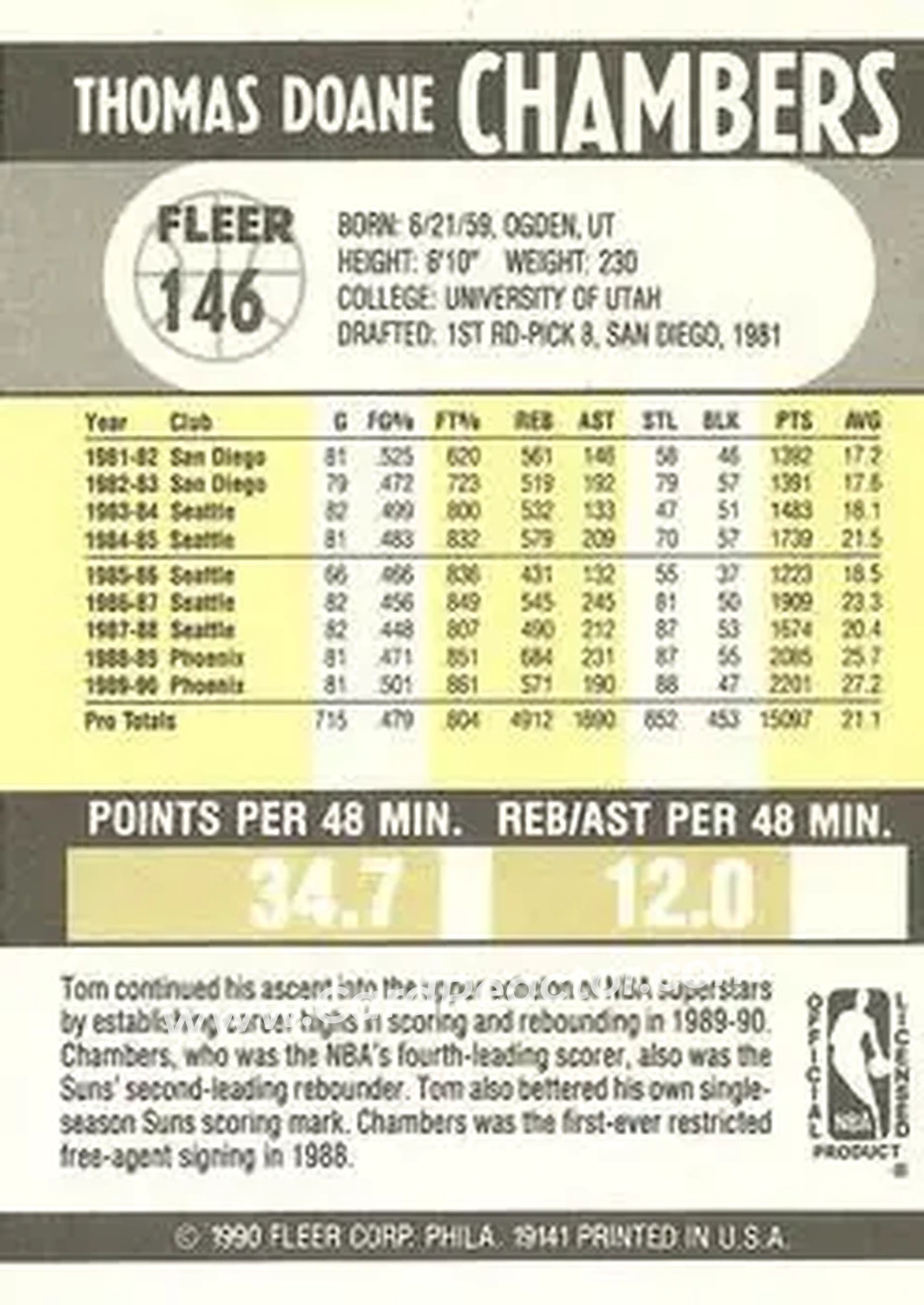 1990-91 Fleer #146 - Tom Chambers - Phoenix Suns - Back 1990-91 Fleer #146 - Tom Chambers - Phoenix Suns - Back