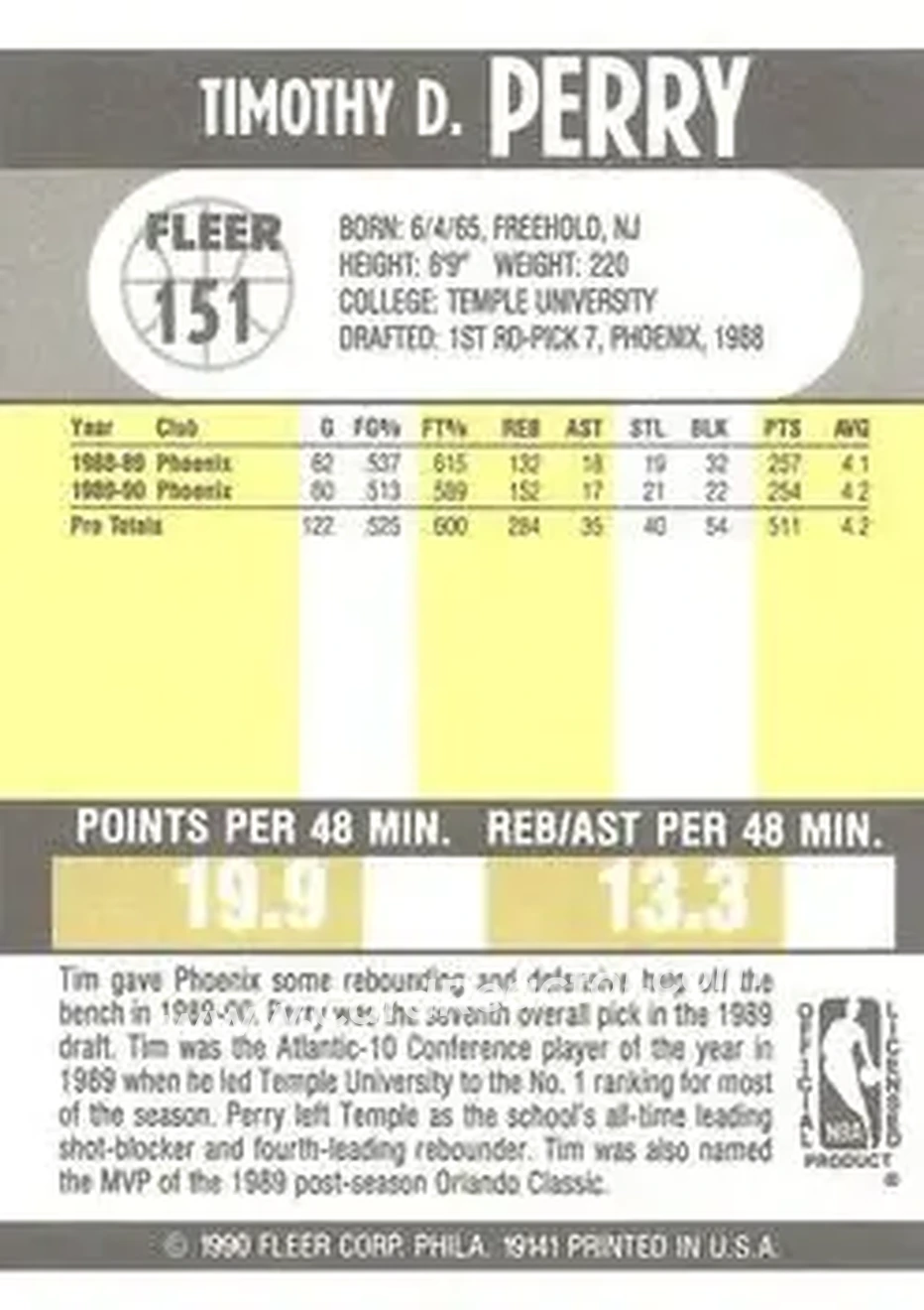1990-91 Fleer #151 - Tim Perry - Phoenix Suns - Back 1990-91 Fleer #151 - Tim Perry - Phoenix Suns - Back