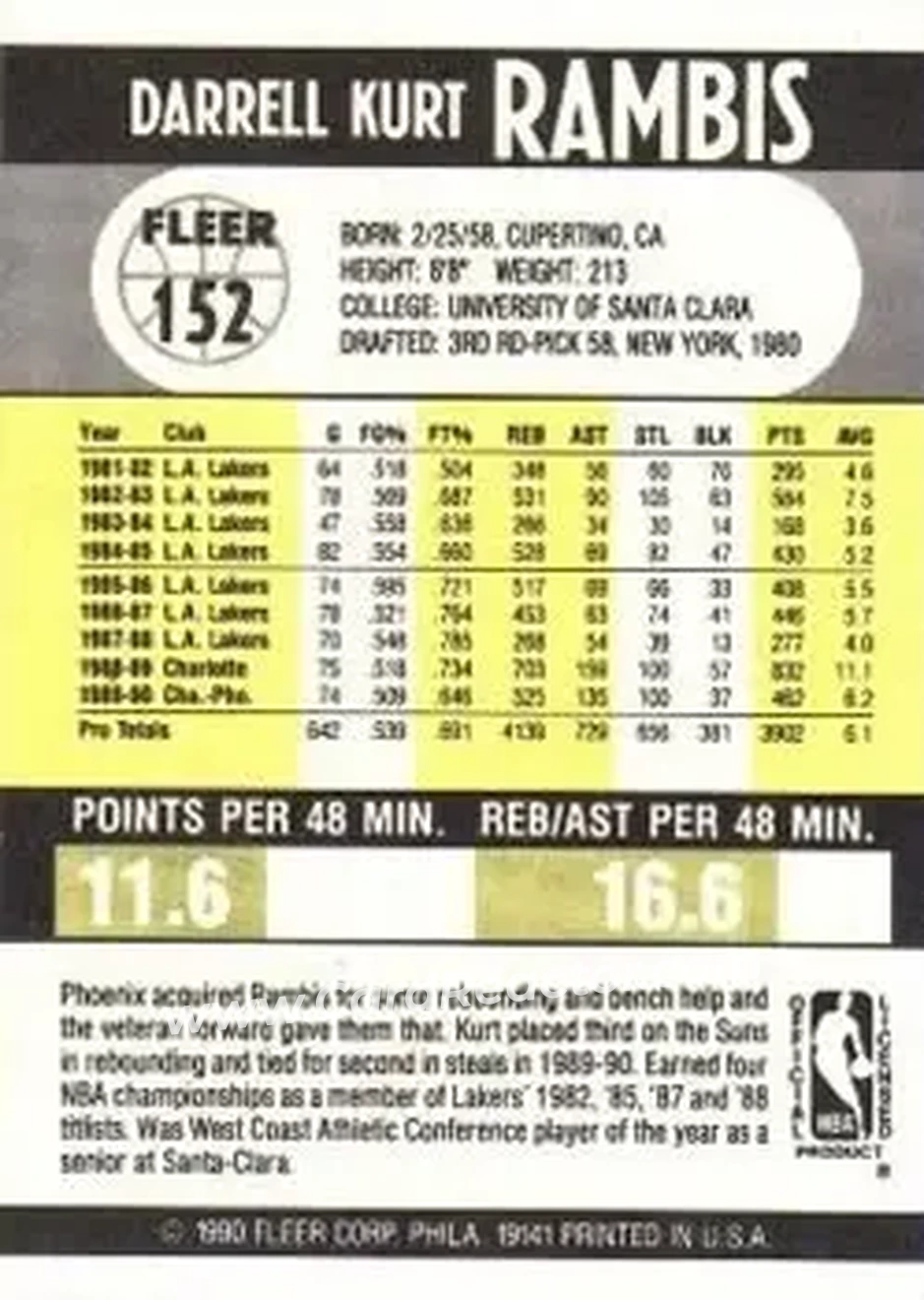 1990-91 Fleer #152 - Kurt Rambis - Phoenix Suns - Back