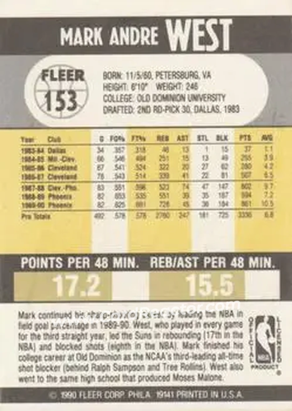 1990-91 Fleer #153 - Mark West - Phoenix Suns - Back 1990-91 Fleer #153 - Mark West - Phoenix Suns - Back