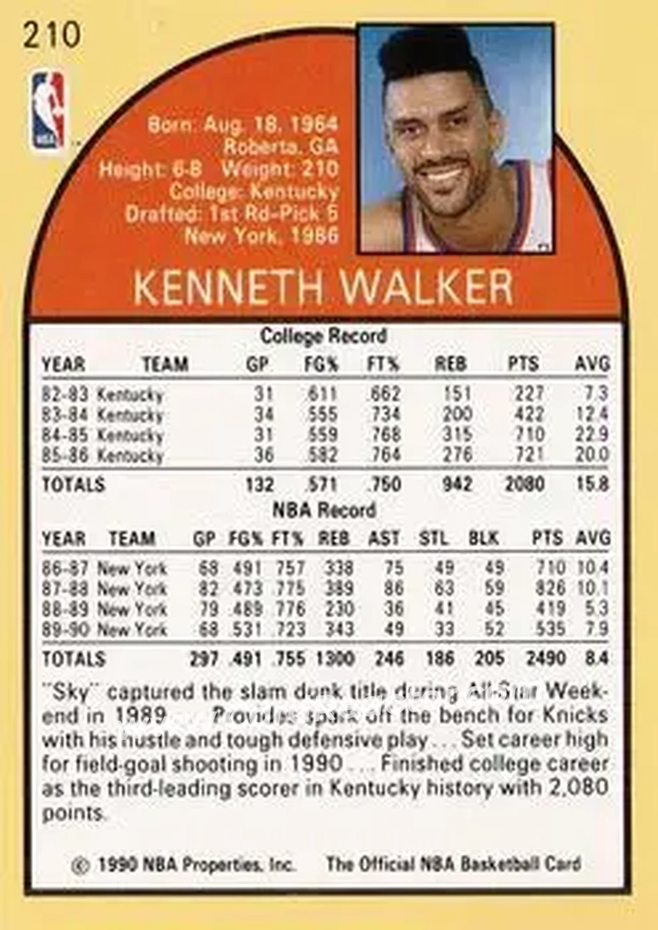 1990-91 Hoops #210 - Kenny Walker - New York Knicks - Back