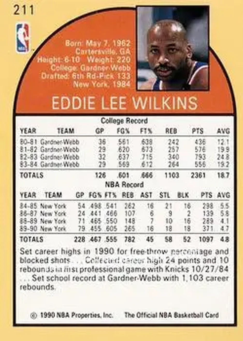 1990-91 Hoops #211 - Eddie Lee Wilkins - New York Knicks - Back