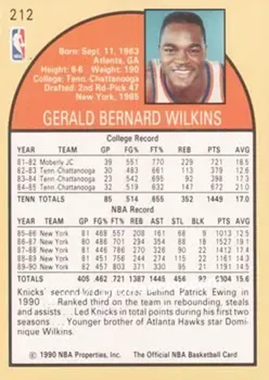1990-91 Hoops #212 - Gerald Wilkins - New York Knicks - Back
