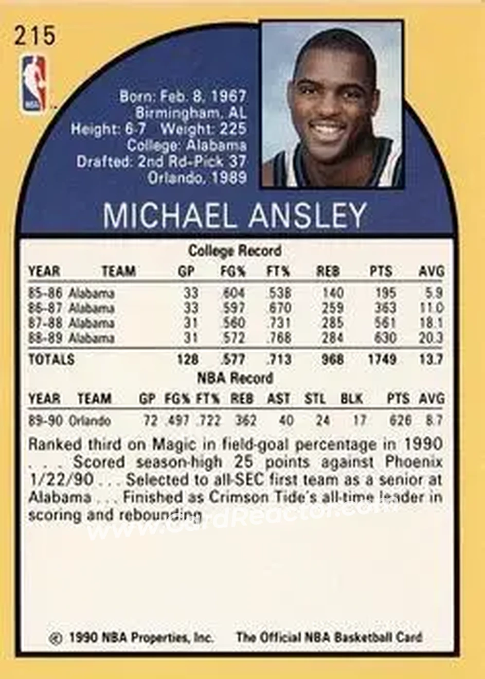1990-91 Hoops #215 - Michael Ansley - Orlando Magic - Back