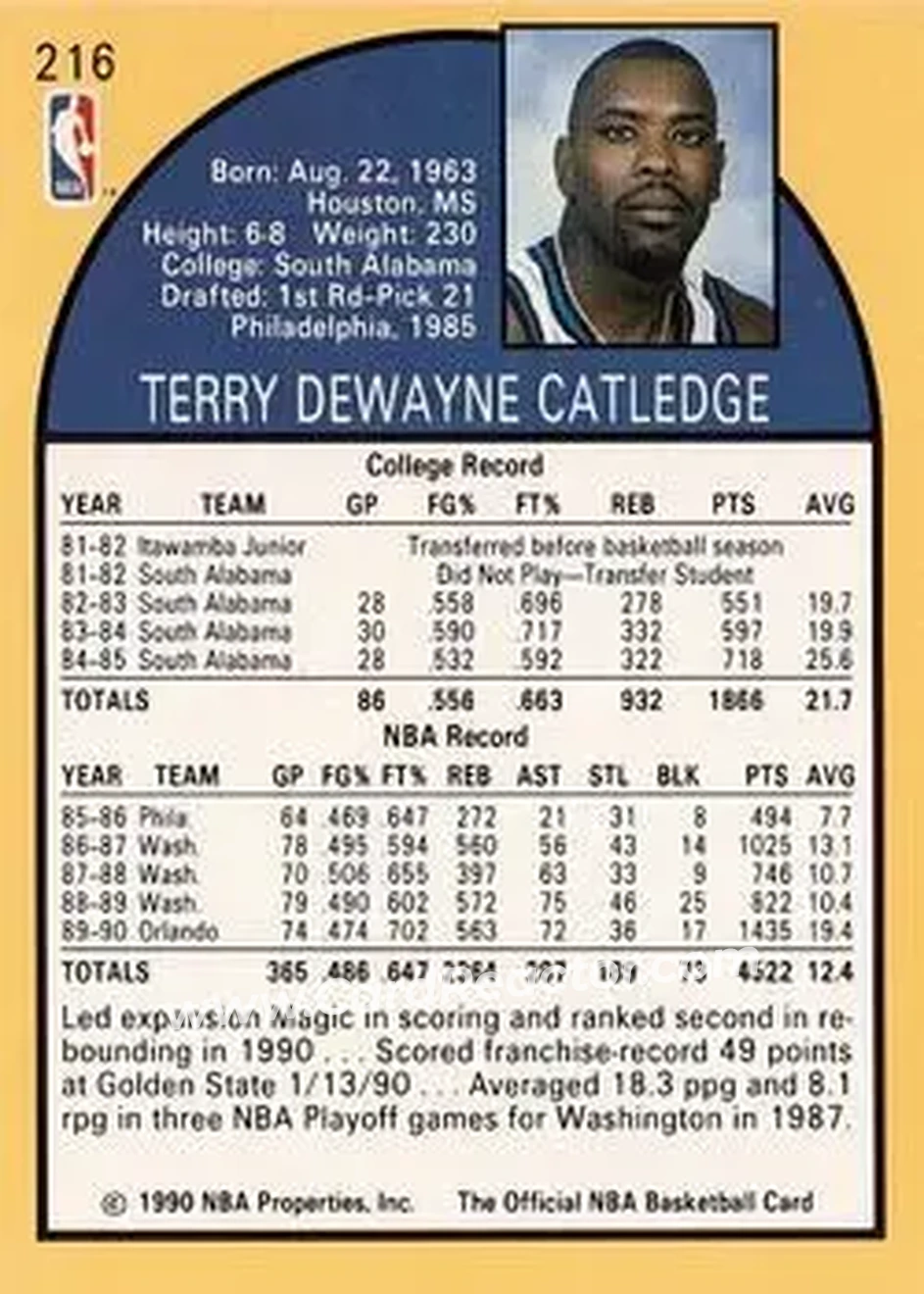 1990-91 Hoops #216 - Terry Catledge - Orlando Magic - Back