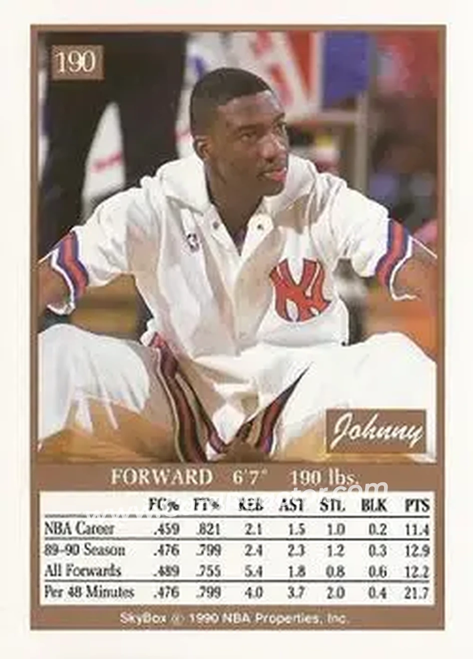 1990-91 SkyBox #190 - Johnny Newman - New York Knicks - Back