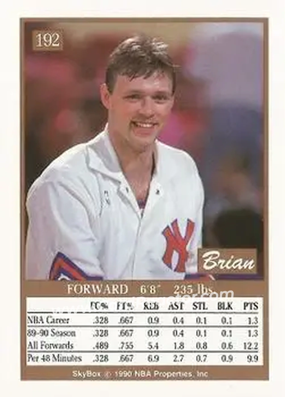1990-91 SkyBox #192 - Brian Quinnett - New York Knicks - Back