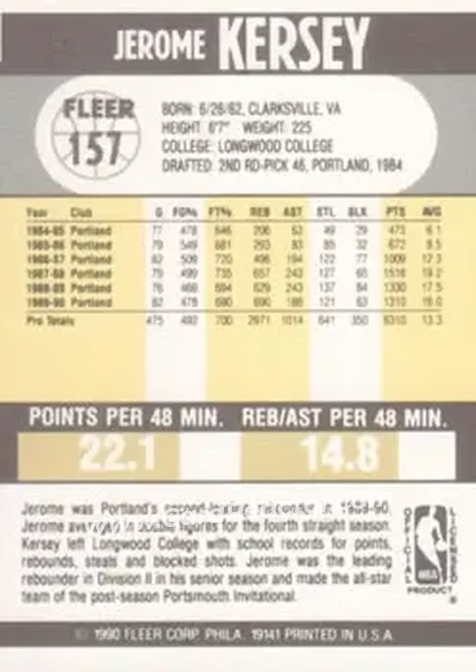 1990-91 Fleer #157 - Jerome Kersey - Portland Trail Blazers - Back