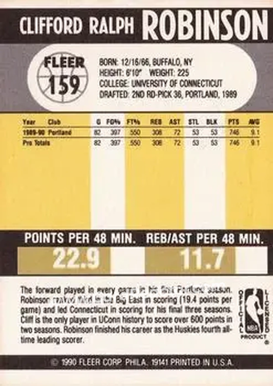 1990-91 Fleer #159 - Clifford Robinson - Portland Trail Blazers - Back