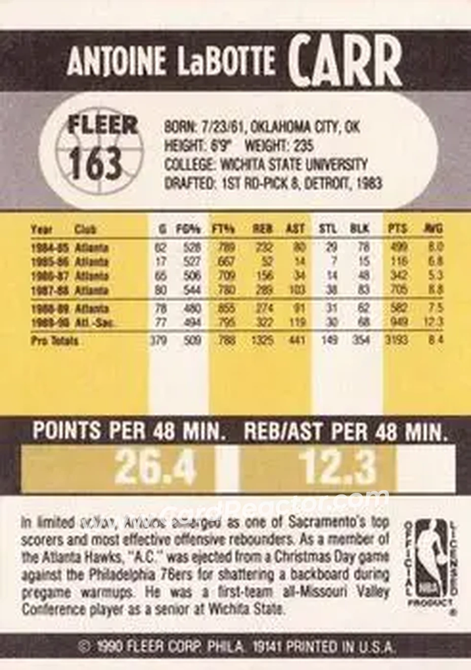 1990-91 Fleer #163 - Antoine Carr - Sacramento Kings - Back 1990-91 Fleer #163 - Antoine Carr - Sacramento Kings - Back