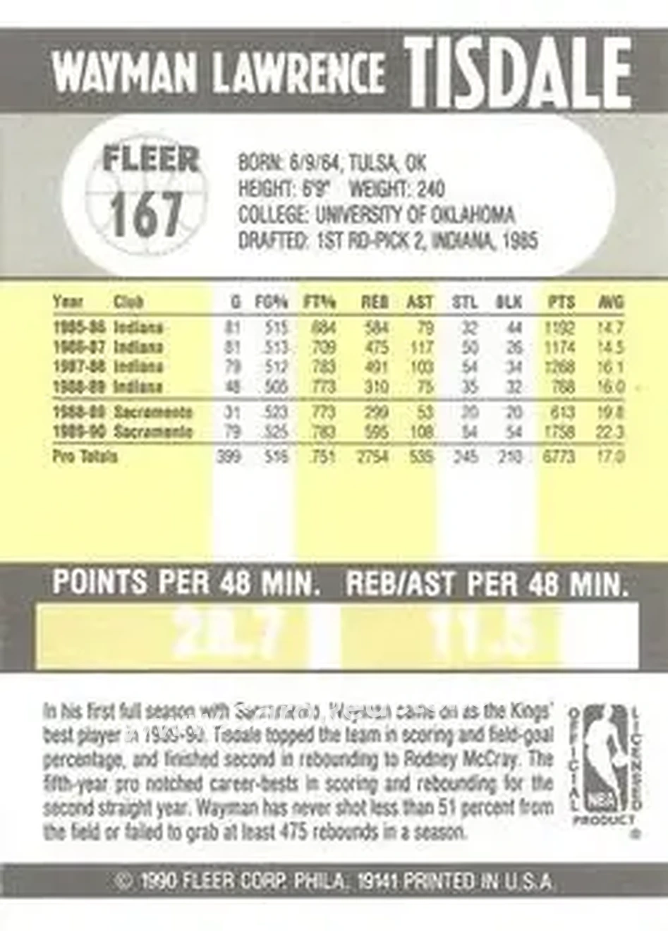 1990-91 Fleer #167 - Wayman Tisdale - Sacramento Kings - Back
