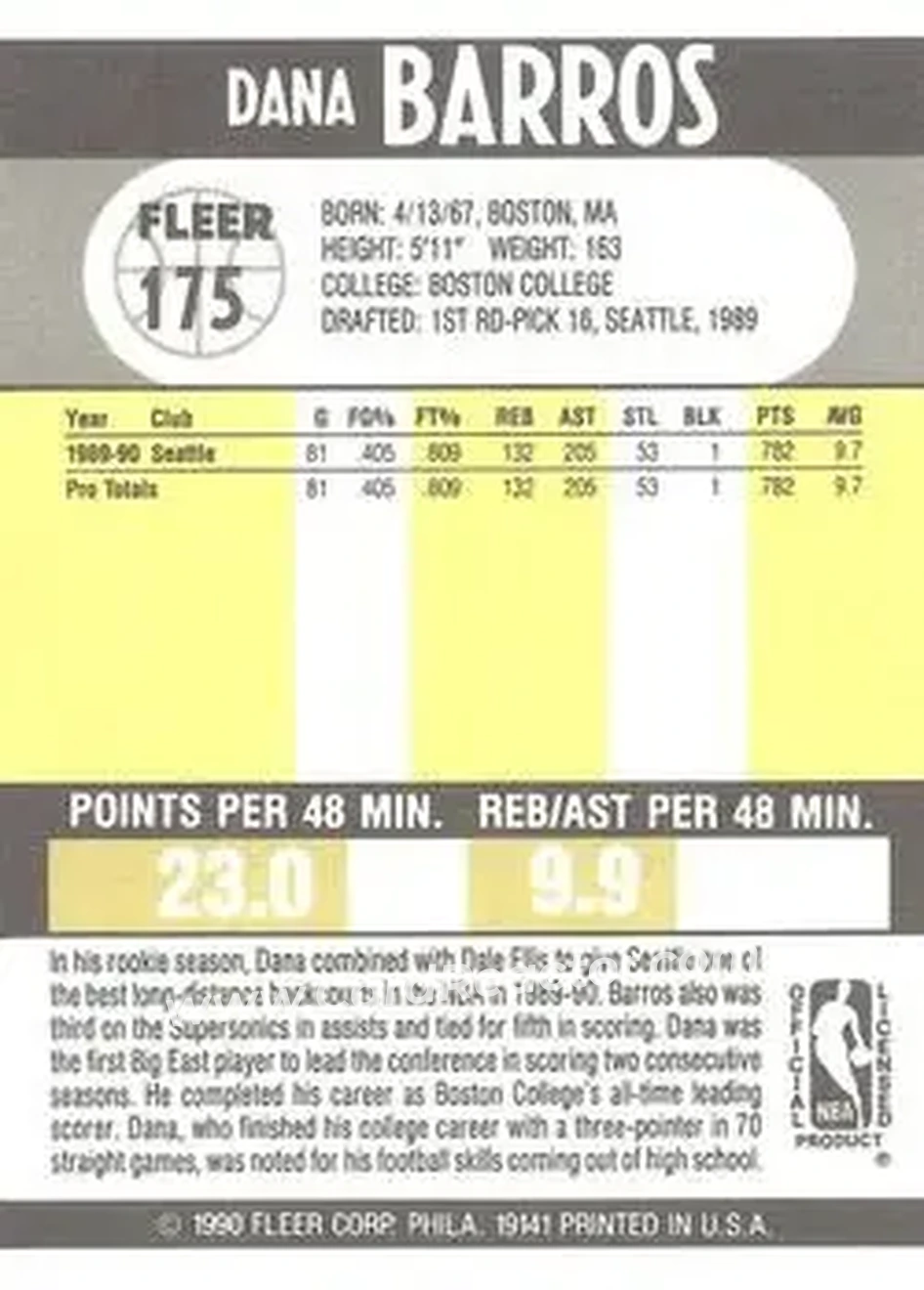 1990-91 Fleer #175 - Dana Barros - Seattle SuperSonics - Back