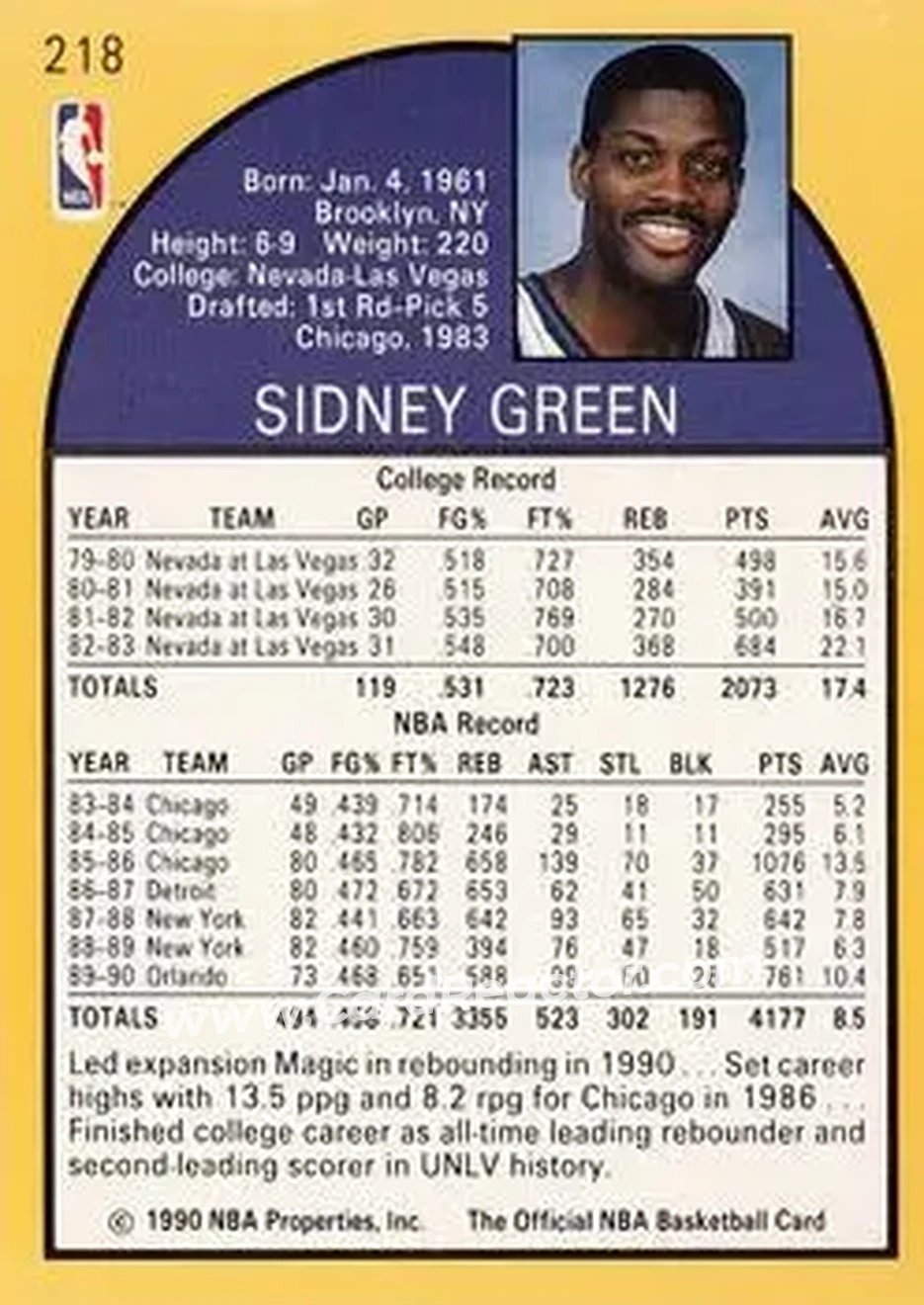 1990-91 Hoops #218 - Sidney Green - Orlando Magic - Back