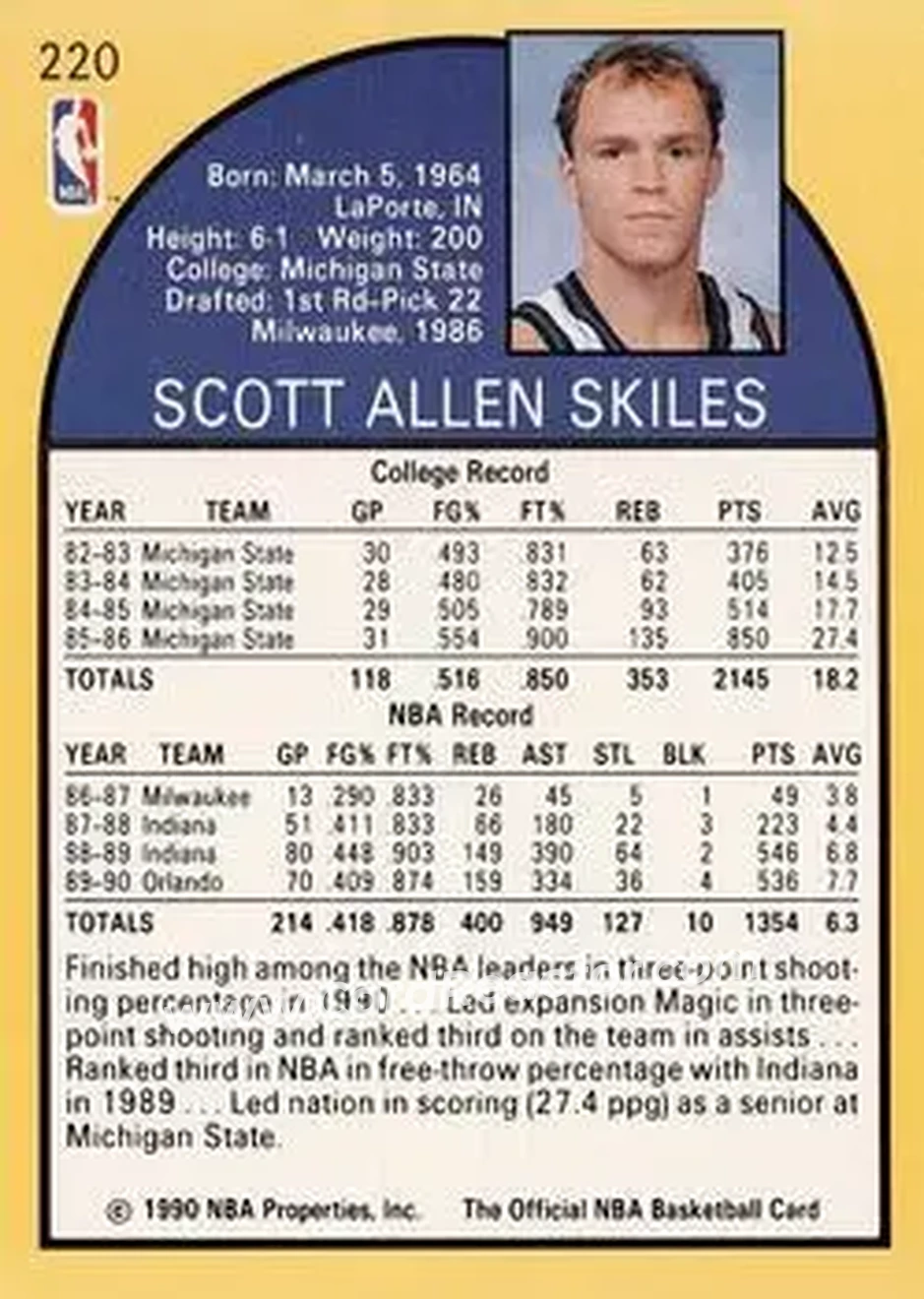 1990-91 Hoops #220 - Scott Skiles - Orlando Magic - Back 1990-91 Hoops #220 - Scott Skiles - Orlando Magic - Back