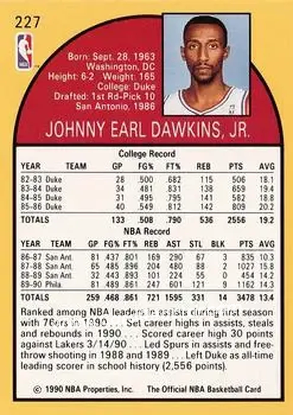 1990-91 Hoops #227 - Johnny Dawkins - Philadelphia 76ers - Back