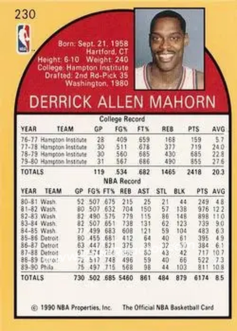 1990-91 Hoops #230 - Rick Mahorn - Philadelphia 76ers - Back
