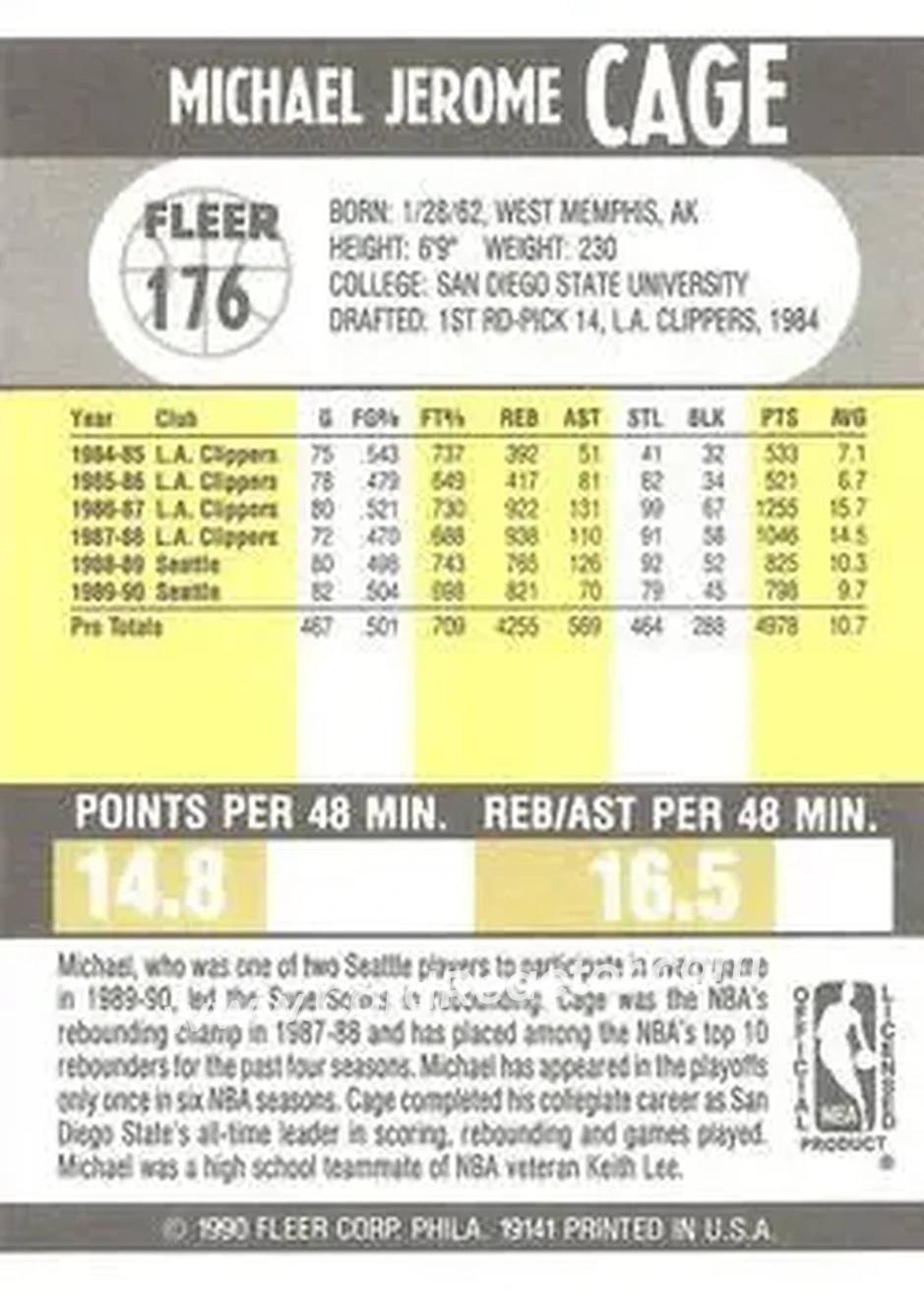 1990-91 Fleer #176 - Michael Cage - Seattle SuperSonics - Back 1990-91 Fleer #176 - Michael Cage - Seattle SuperSonics - Back