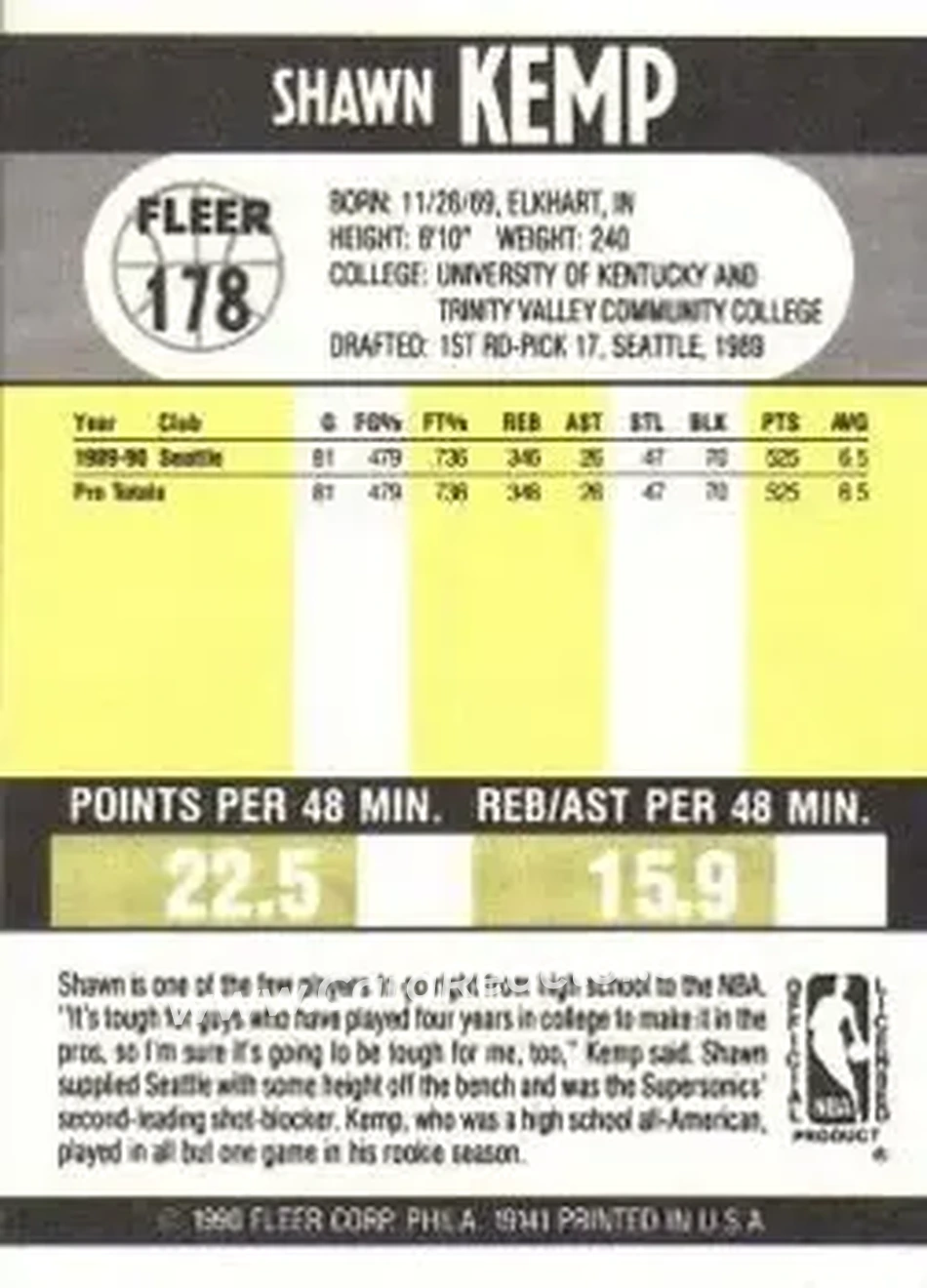 1990-91 Fleer #178 - Shawn Kemp - Seattle SuperSonics - Back