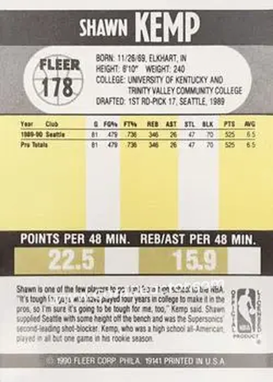 1990-91 Fleer #178 - Shawn Kemp - Seattle SuperSonics - Back 1990-91 Fleer #178 - Shawn Kemp - Seattle SuperSonics - Back