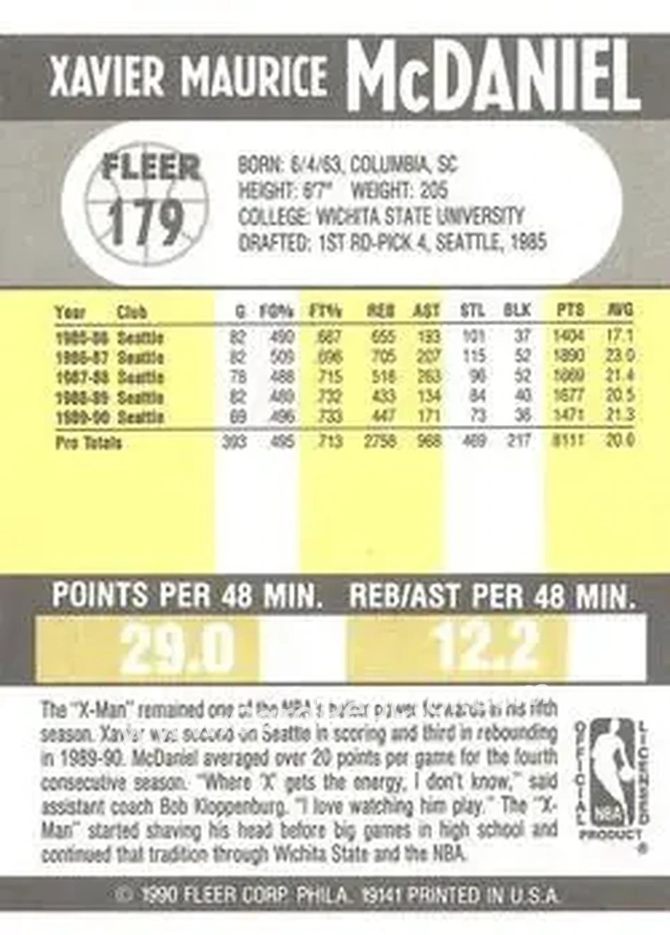 1990-91 Fleer #179 - Xavier McDaniel - Seattle SuperSonics - Back 1990-91 Fleer #179 - Xavier McDaniel - Seattle SuperSonics - Back