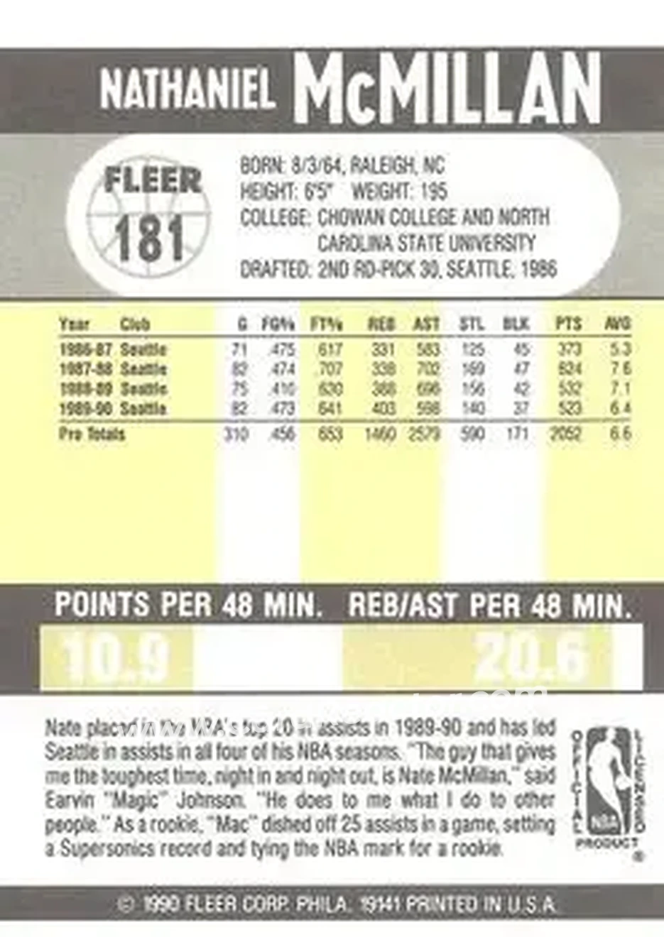 1990-91 Fleer #181 - Nate McMillan - Seattle SuperSonics - Back