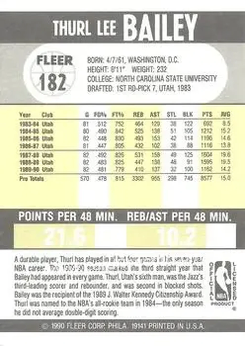 1990-91 Fleer #182 - Thurl Bailey - Utah Jazz - Back