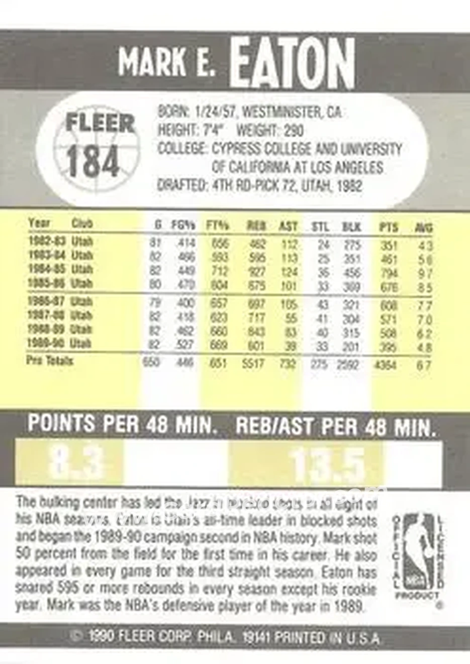 1990-91 Fleer #184 - Mark Eaton - Utah Jazz - Back