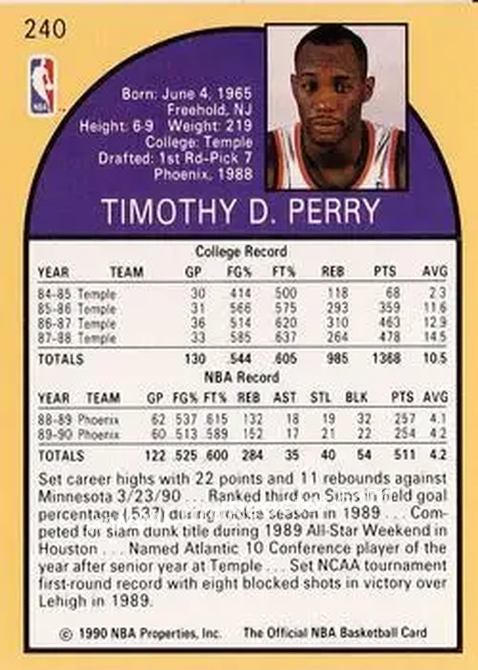 1990-91 Hoops #240 - Tim Perry - Phoenix Suns - Back 1990-91 Hoops #240 - Tim Perry - Phoenix Suns - Back