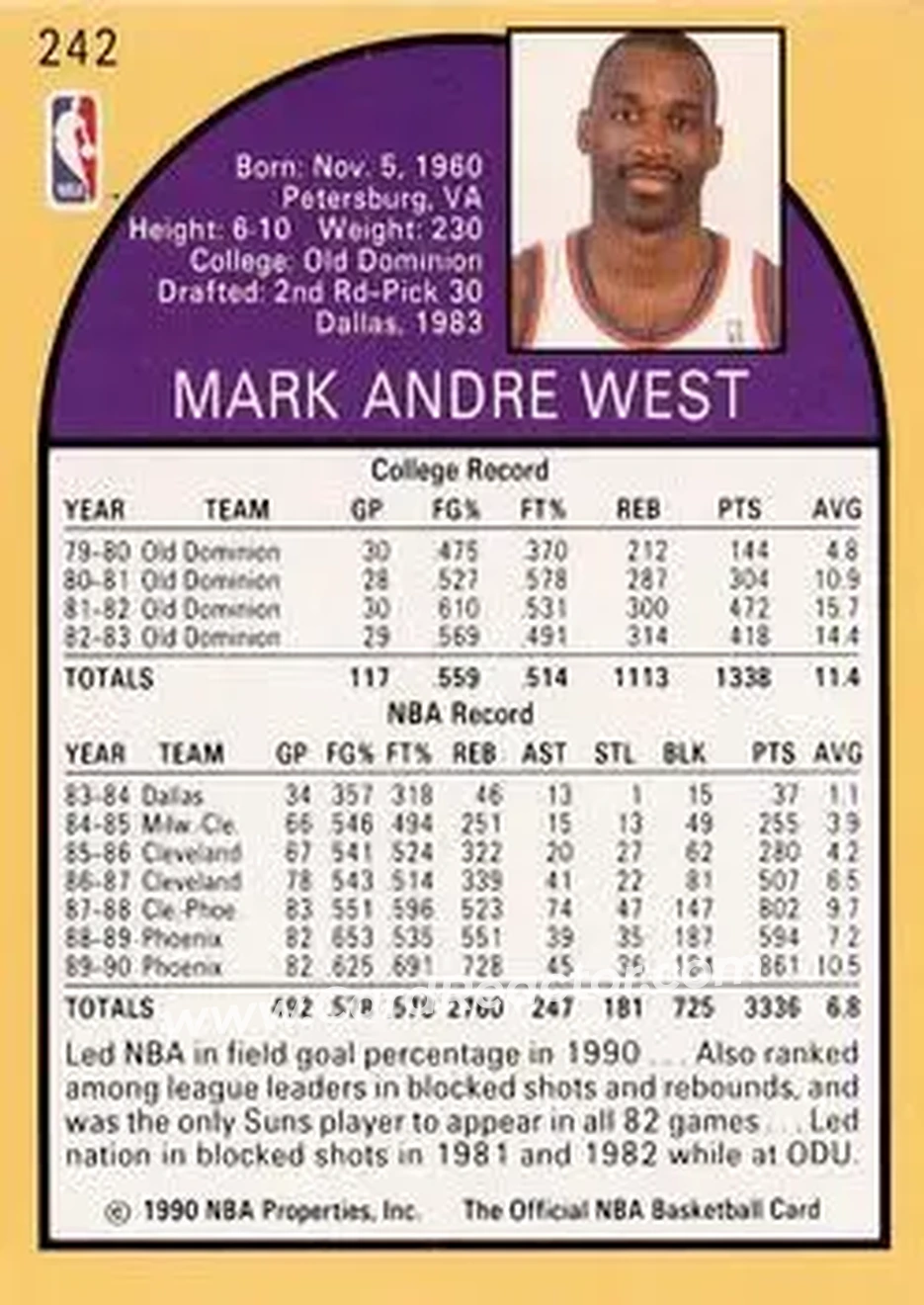 1990-91 Hoops #242 - Mark West - Phoenix Suns - Back