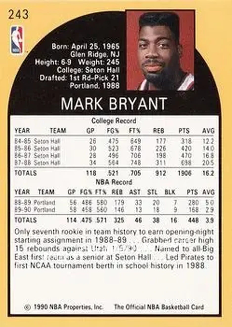 1990-91 Hoops #243 - Mark Bryant - Portland Trail Blazers - Back 1990-91 Hoops #243 - Mark Bryant - Portland Trail Blazers - Back