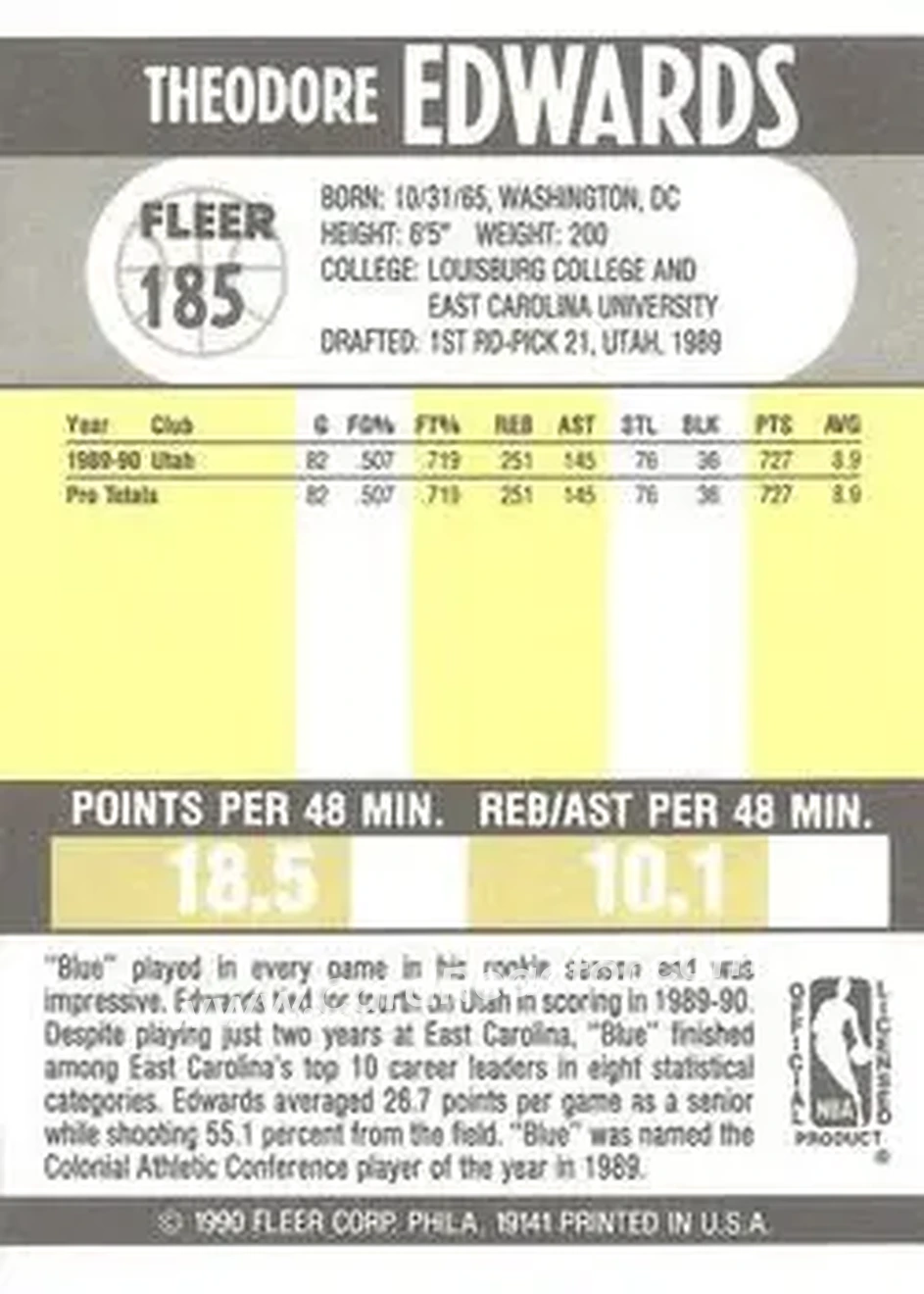 1990-91 Fleer #185 - Blue Edwards - Utah Jazz - Back