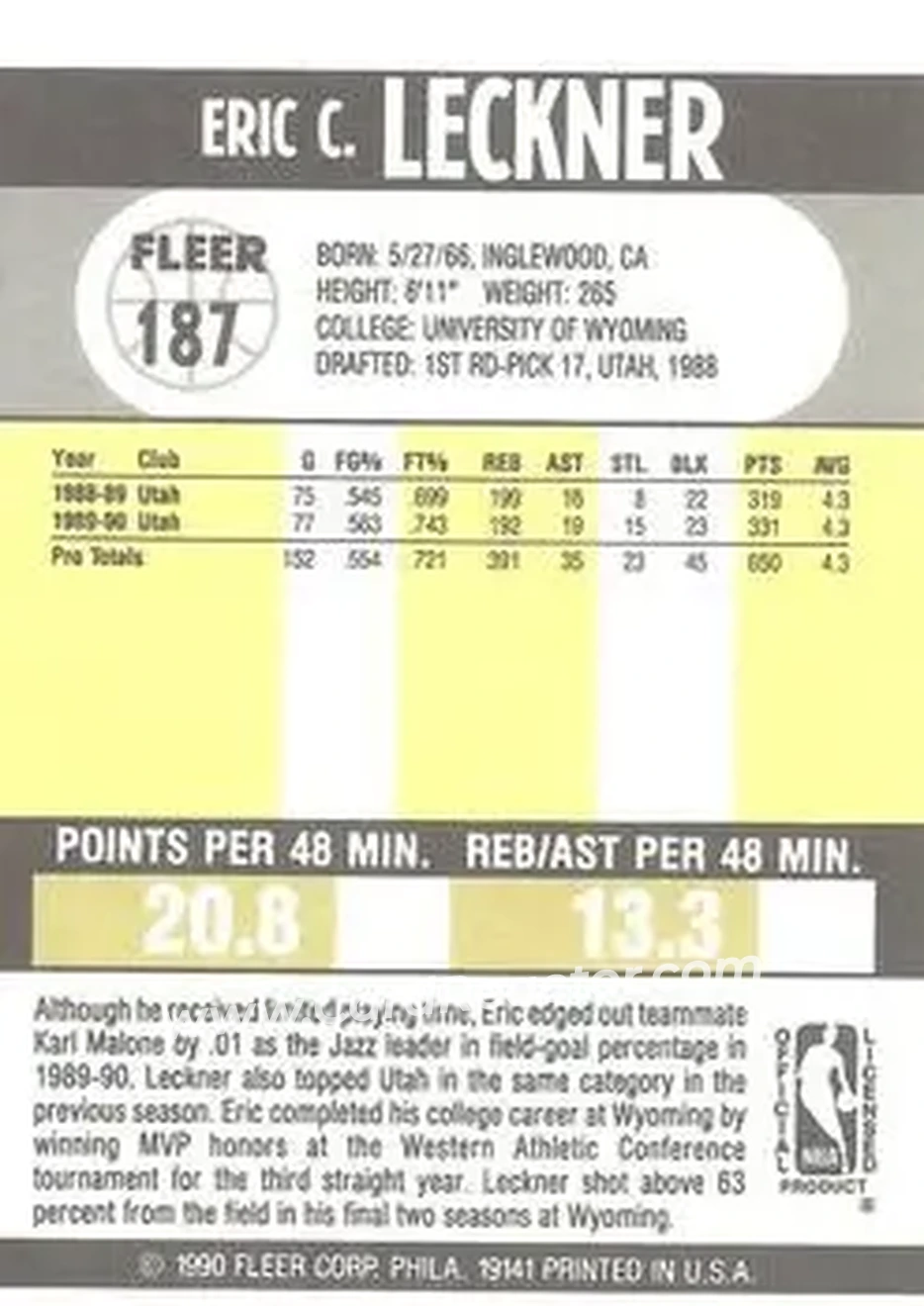 1990-91 Fleer #187 - Eric Leckner - Sacramento Kings - Back
