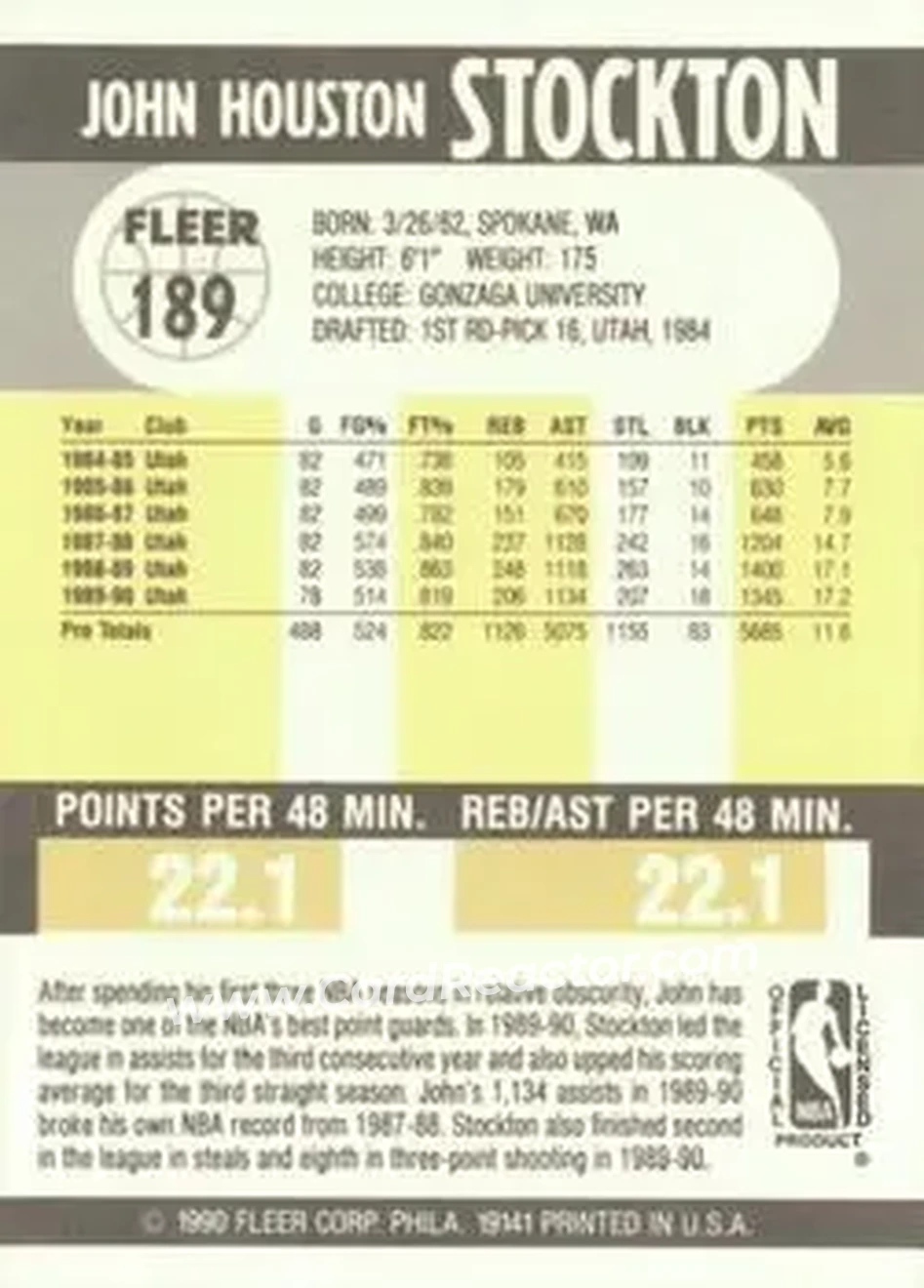1990-91 Fleer #189 - John Stockton - Utah Jazz - Back