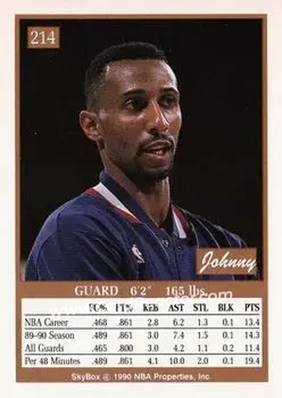 1990-91 SkyBox #214 - Johnny Dawkins - Philadelphia 76ers - Back