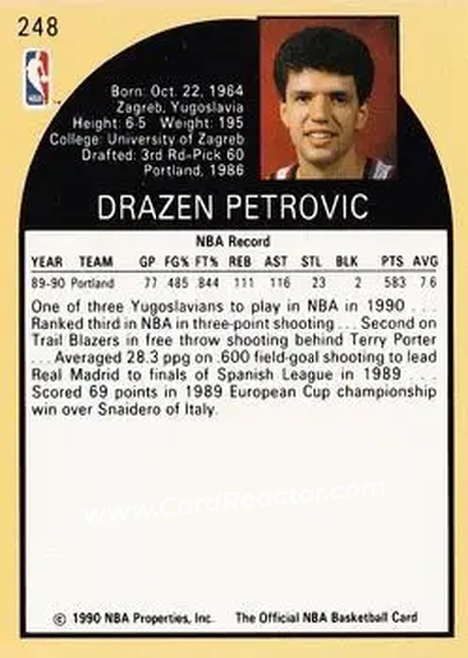 1990-91 Hoops #248 - Dražen Petrović - Portland Trail Blazers - Back